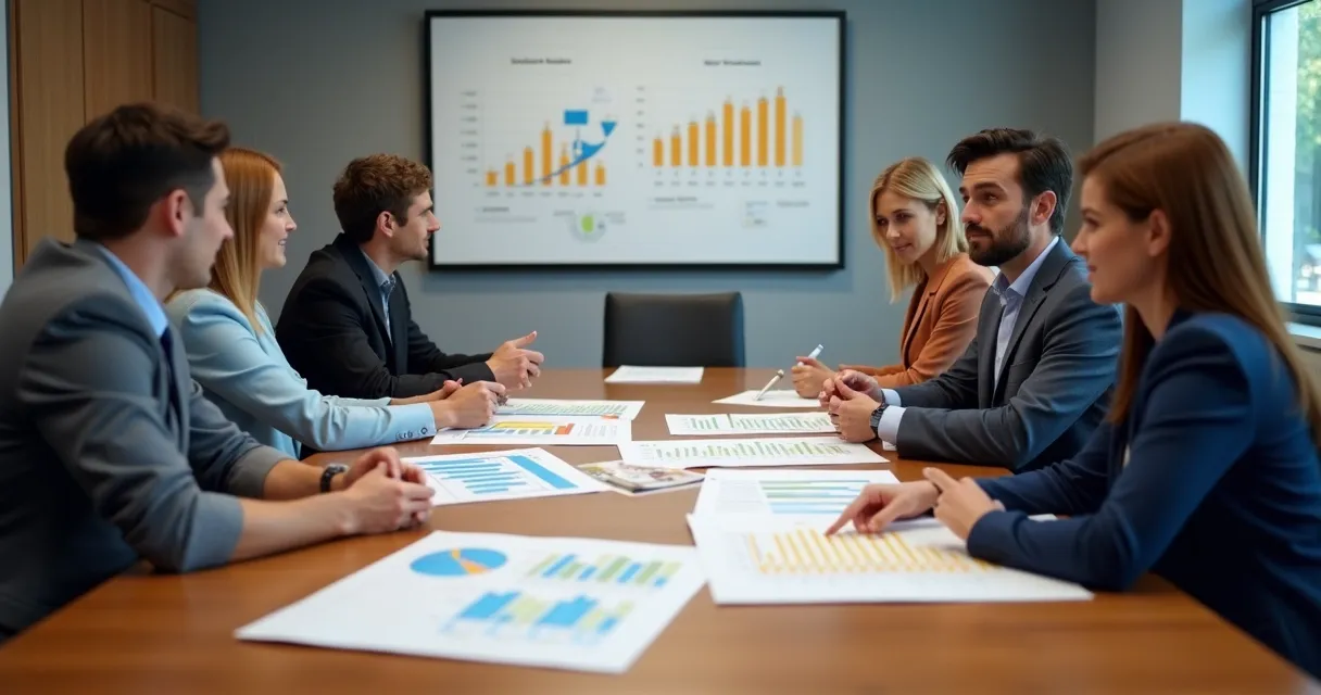 Executivos em reunião analisando relatório de educação na mesa.