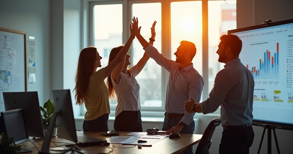 Equipe de vendas comemorando aumento nas vendas