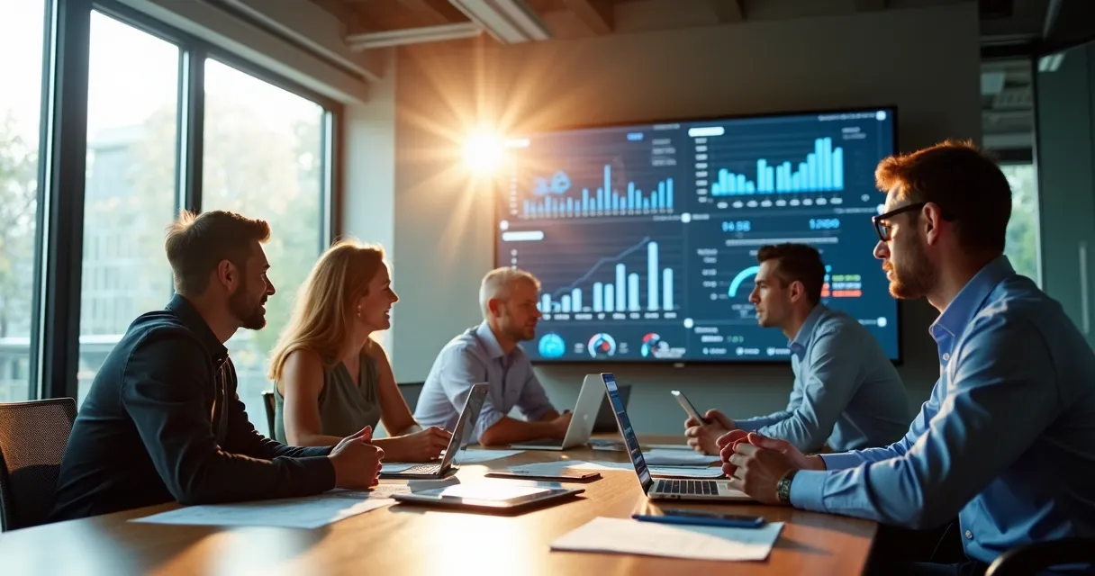 Equipe de profissionais ao redor de uma mesa analisando dashboards digitais e gráficos em uma tela 