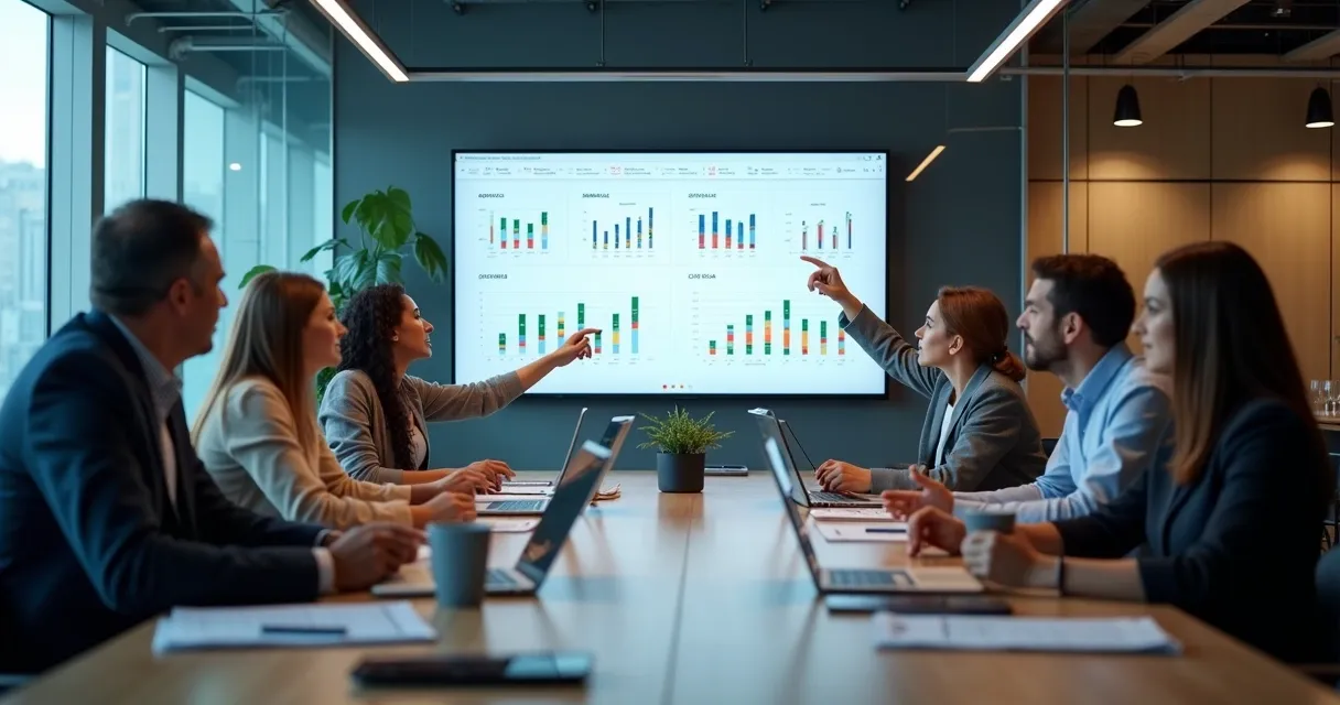 Equipe avaliando métricas e indicadores em reunião