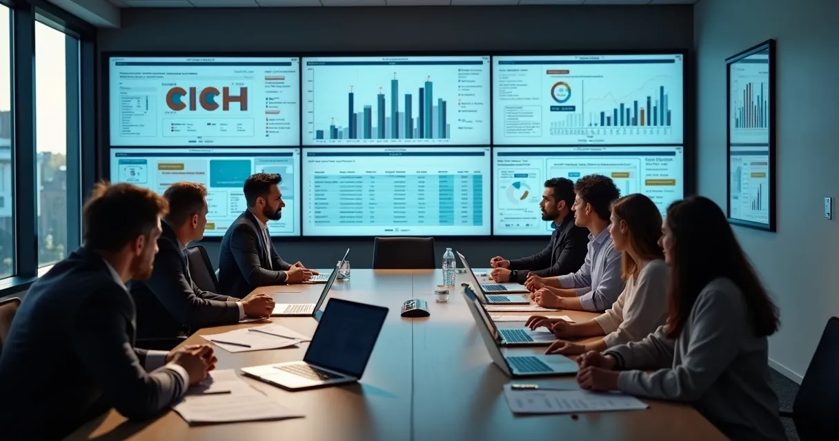 Equipe de pré-vendas reunida analisando dados em telas grandes