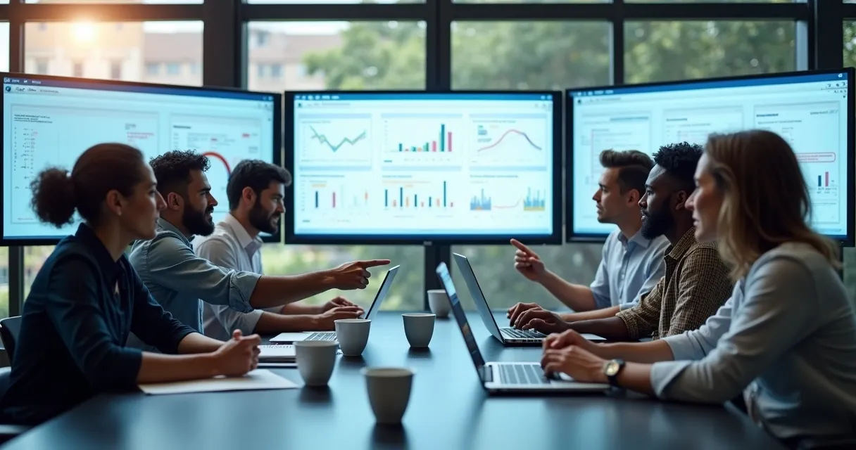 Equipe de vendas analisando diferentes ferramentas digitais na tela