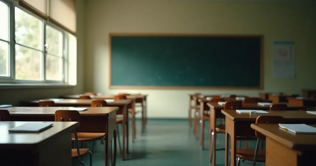 Sala de aula vazia com carteiras e quadro-negro