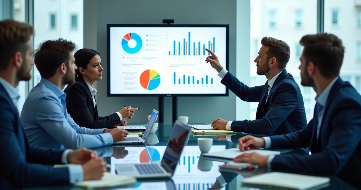 Equipe comercial em reunião, com gráficos e tabelas na tela do computador