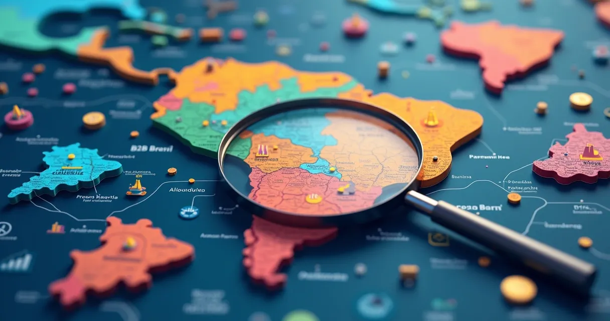 Ilustração de segmentação de mercado B2B com gráficos, mapas e perfis de empresas.