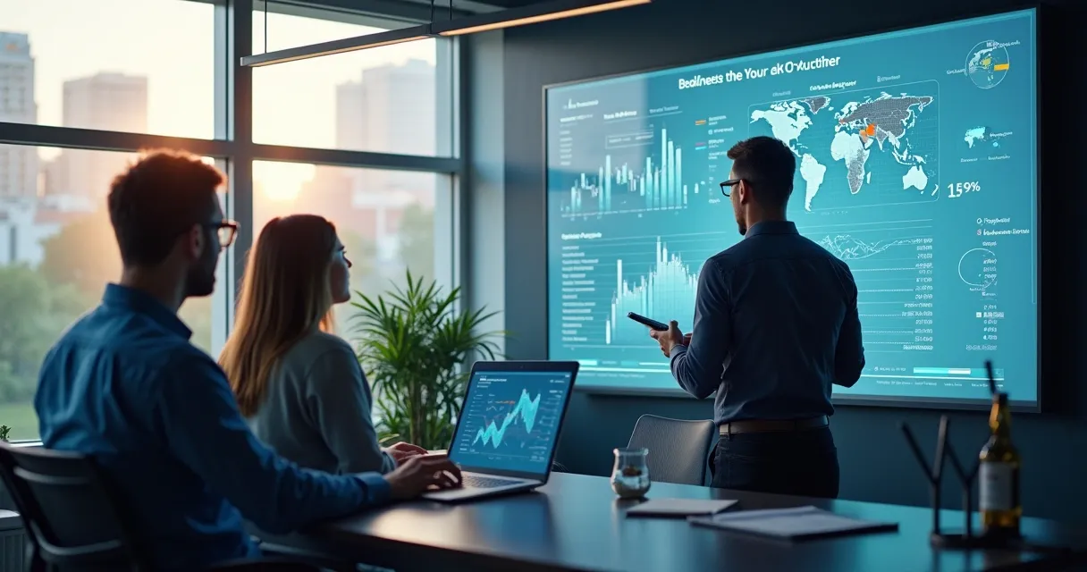 Equipe de dados analisando informações corporativas em telas digitais 