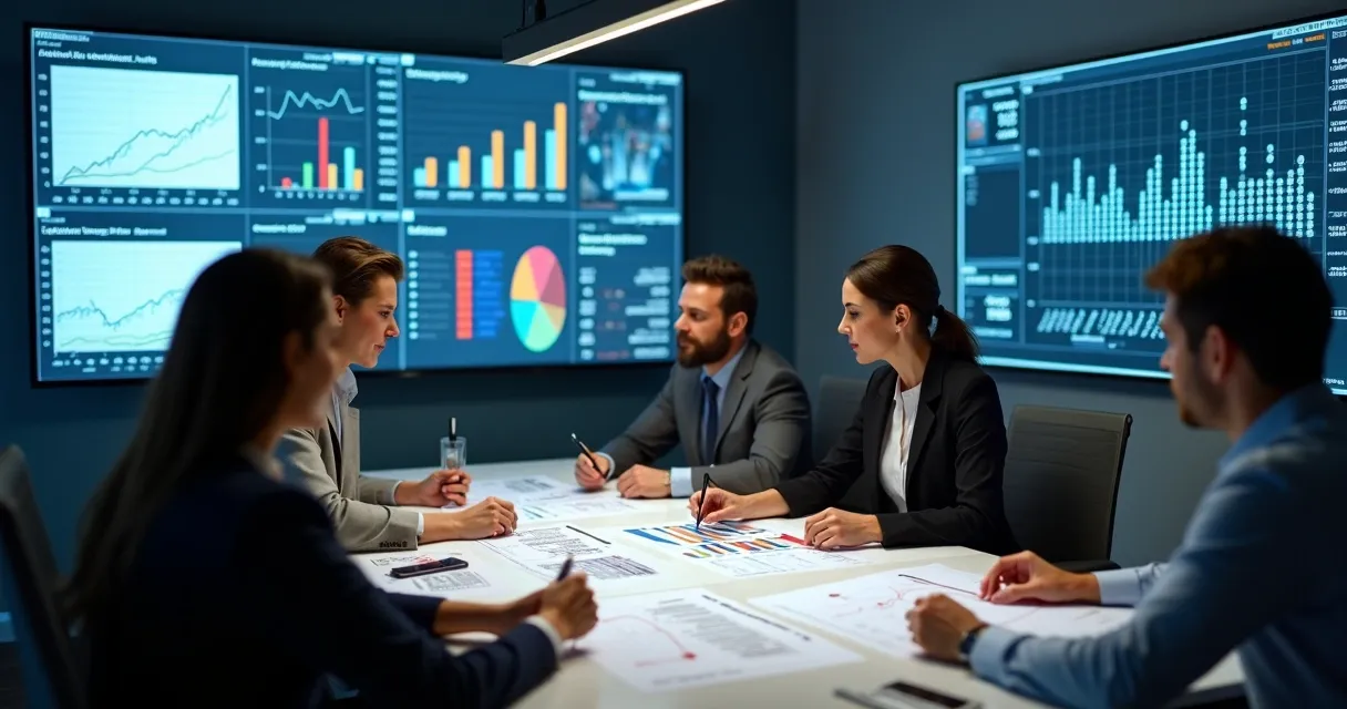 Equipe comercial ao redor de uma mesa analisando gráficos de métricas de prospecção