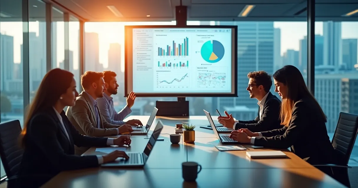 Equipe de vendas de fintech em reunião estratégica