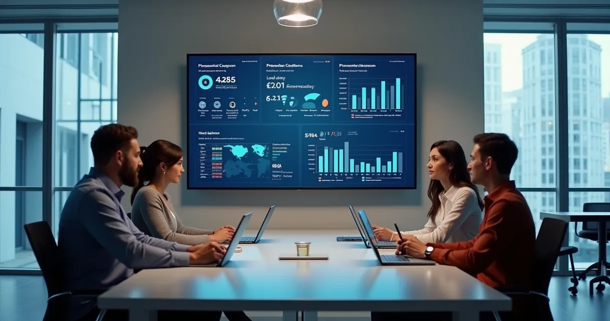 Equipe de pré-vendas em reunião analisando KPIs em tela