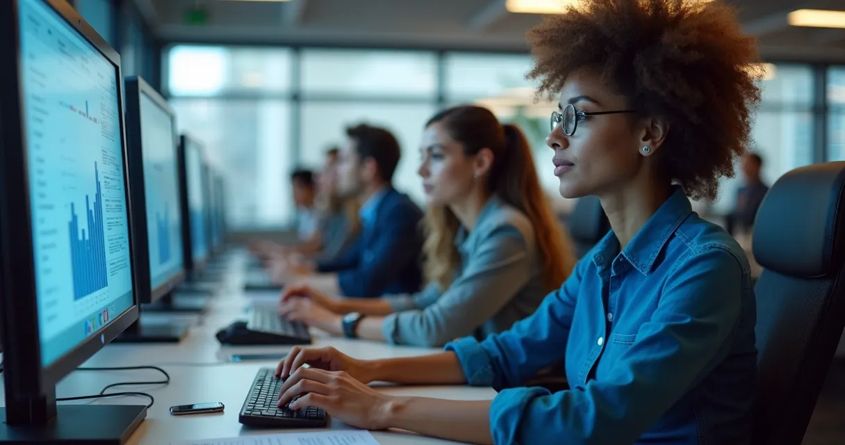 Equipe multicanal usando ferramenta de marketing para LinkedIn em grande escritório