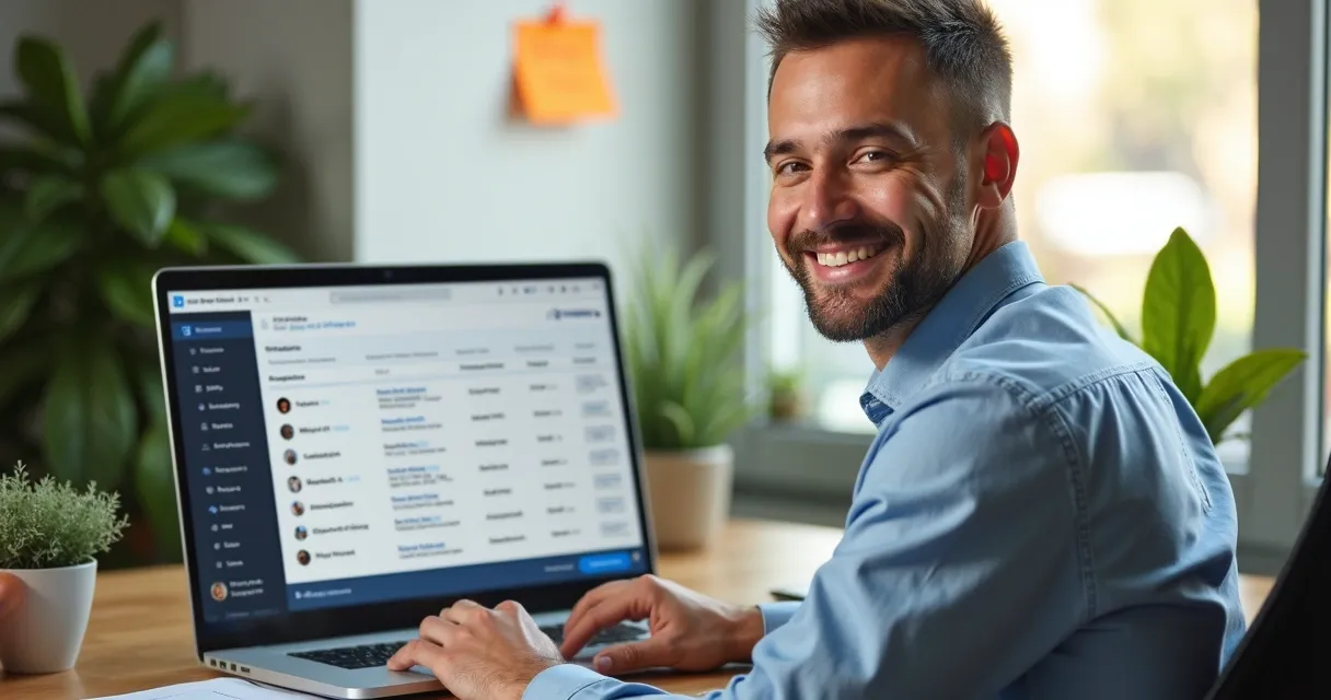 Vendedor usando laptop com leads enriquecidos em plataforma de CRM