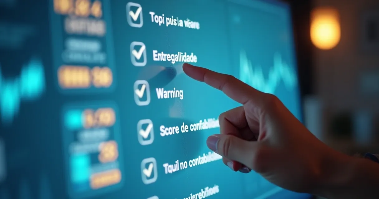 Ícones de checklist e indicadores de qualidade em tela de software