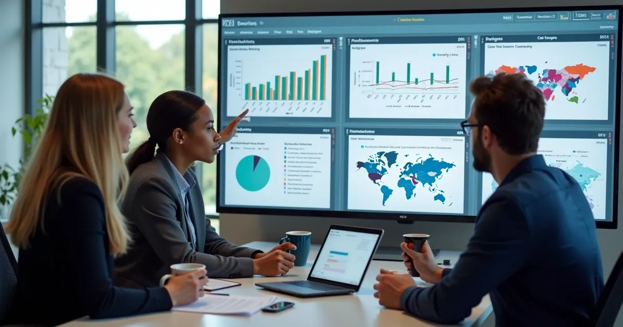 Equipe analisa gráficos de vendas em telas digitais