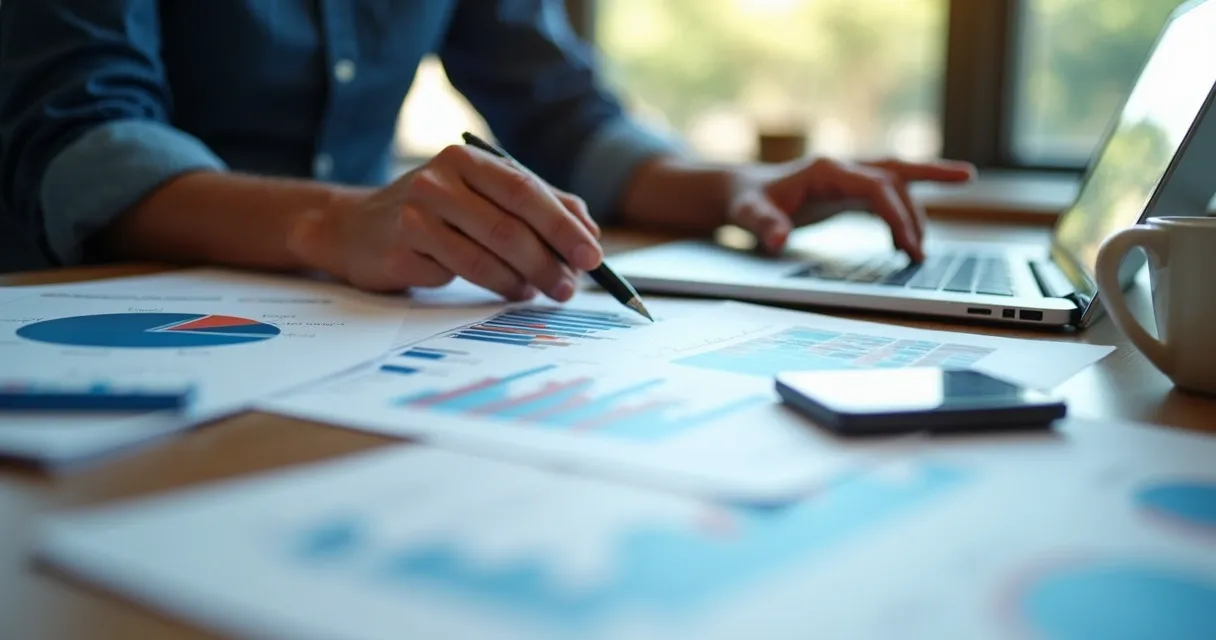 Analista avaliando gráficos de indicadores de vendas de saúde B2B