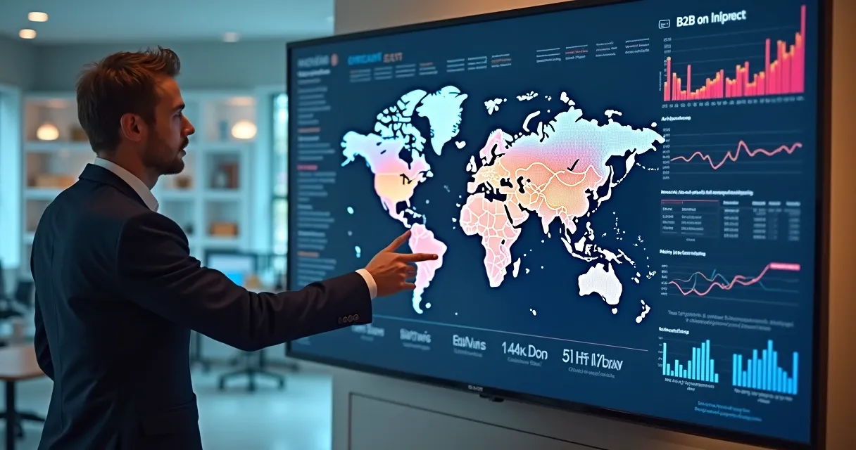 Análise gráfica de mercado B2B com mapas e gráficos em tela