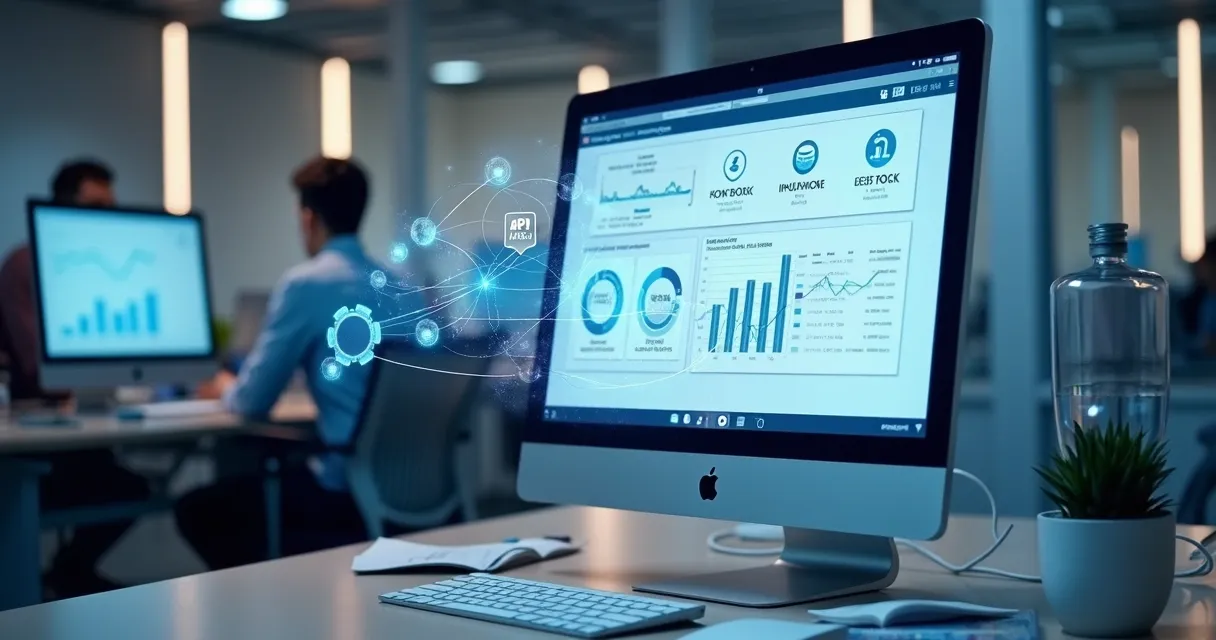 Tela de computador mostrando integração por API com CRM e ERP