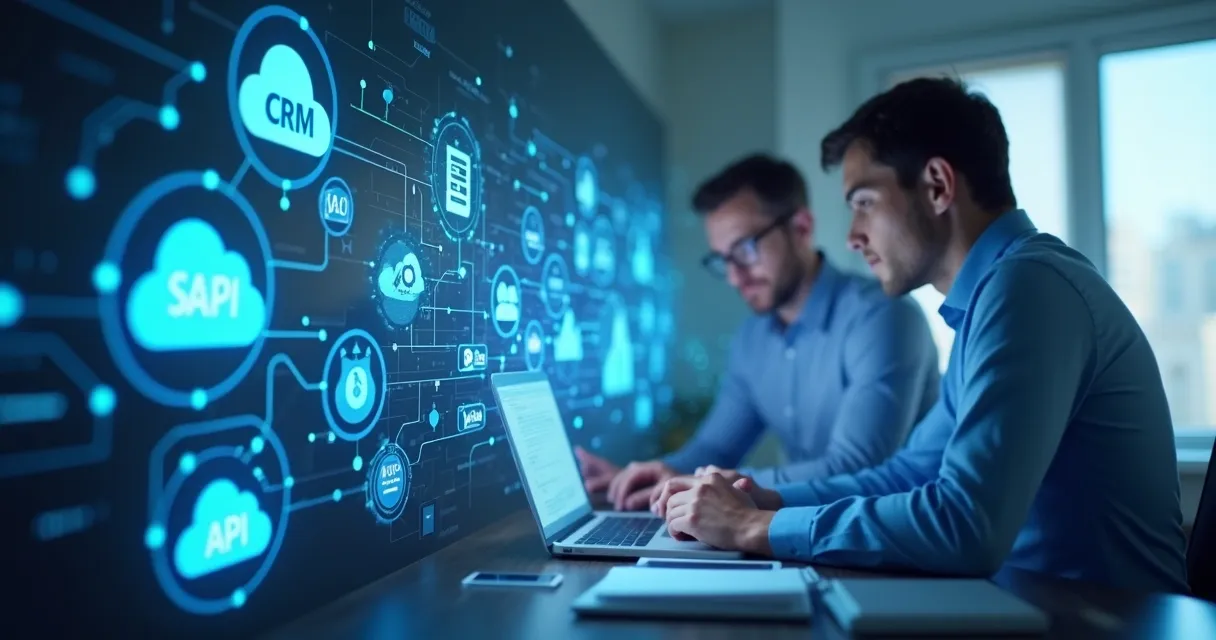 Representação de integração entre CRM, plataforma SaaS e API para vendas B2B 
