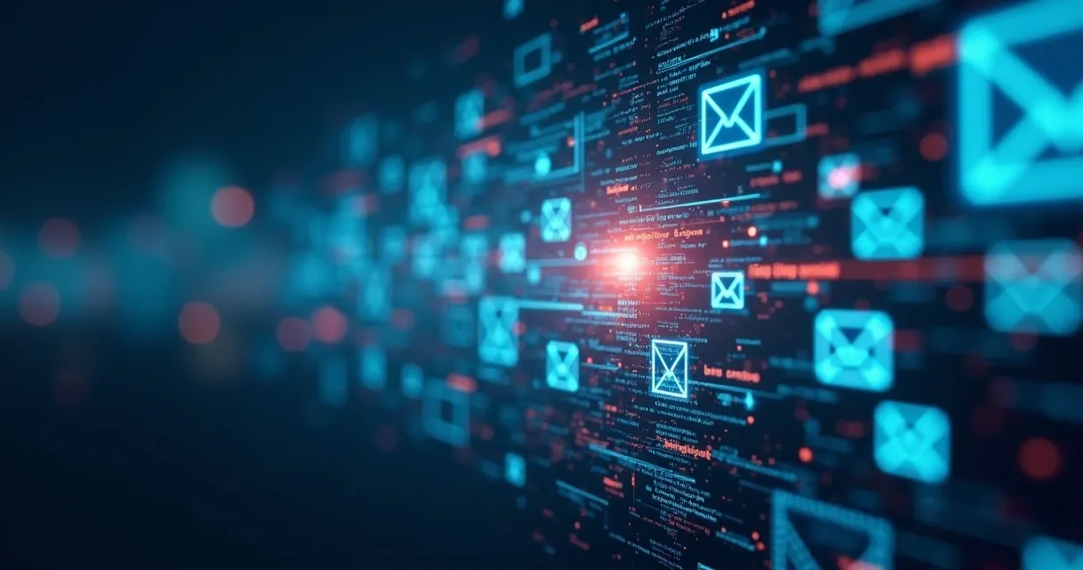 Fluxo automatizado de envios de conteúdo com ícones de e-mails, mensagens e leads evoluindo 