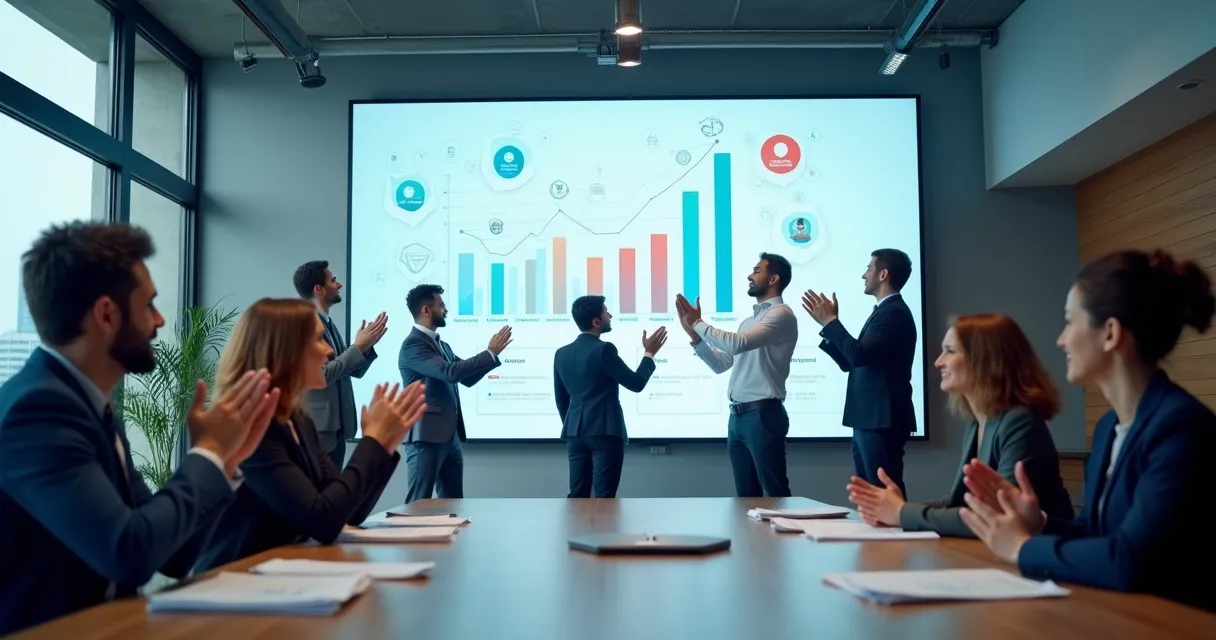 Equipe empresarial celebrando resultados com dados validados 