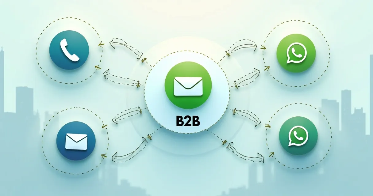 Ícones de telefone, e-mail, LinkedIn e WhatsApp conectados a uma empresa