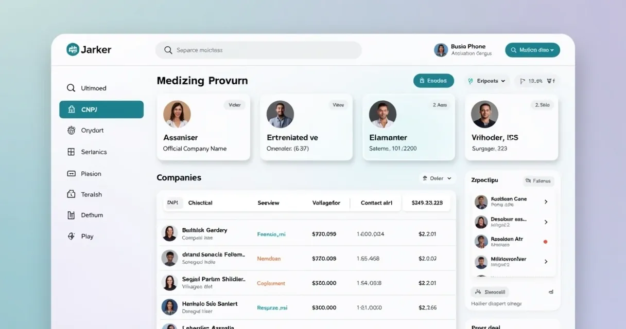 Tela de plataforma SaaS exibindo dados de CNPJ de empresa, contatos e faturamento 