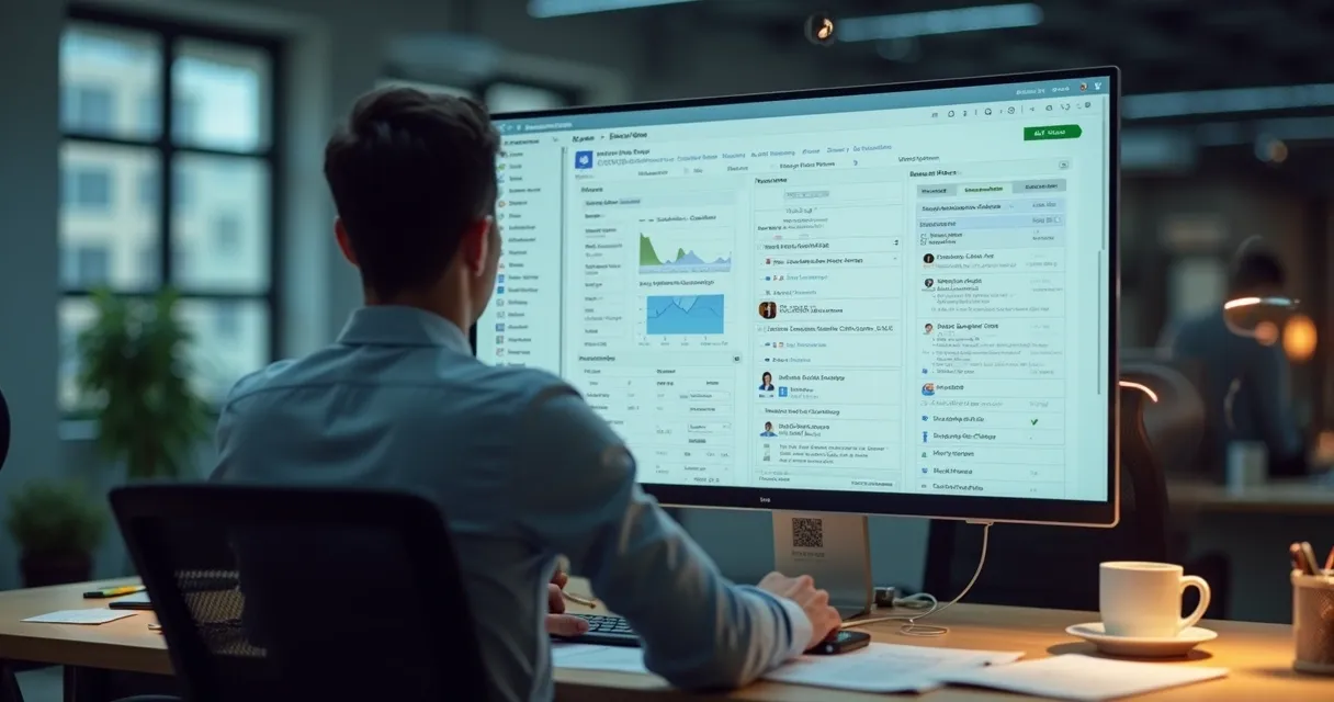 Pessoa pesquisando dados empresariais em uma tela de computador 