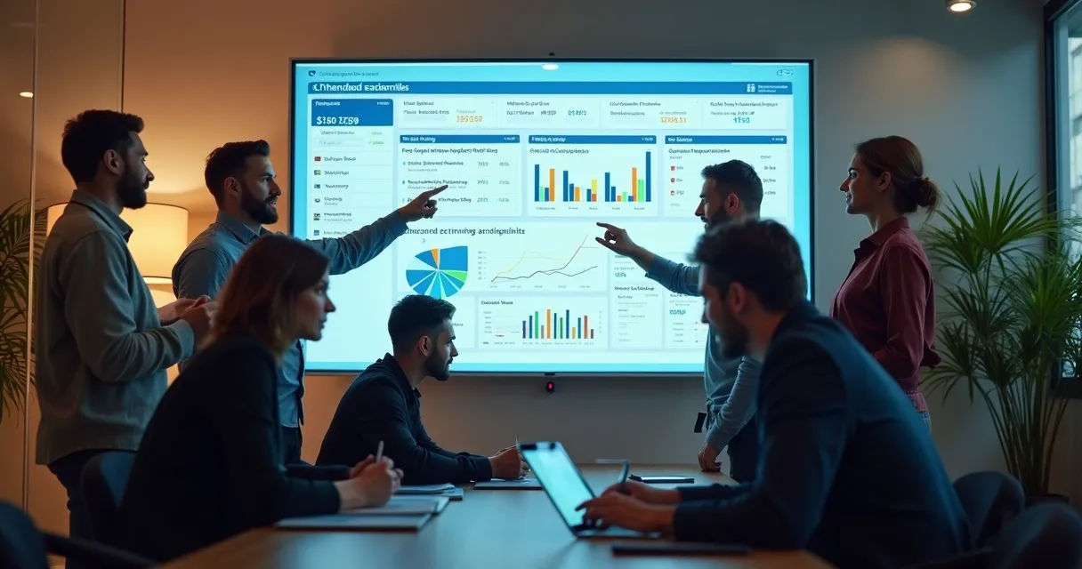 Equipe comercial reunida diante de telas integradas com CRM e prospecção