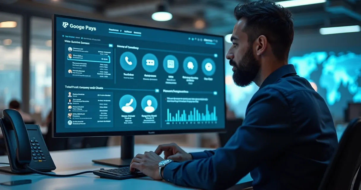 Consultor analisando dados em computador com telefone empresarial na tela 