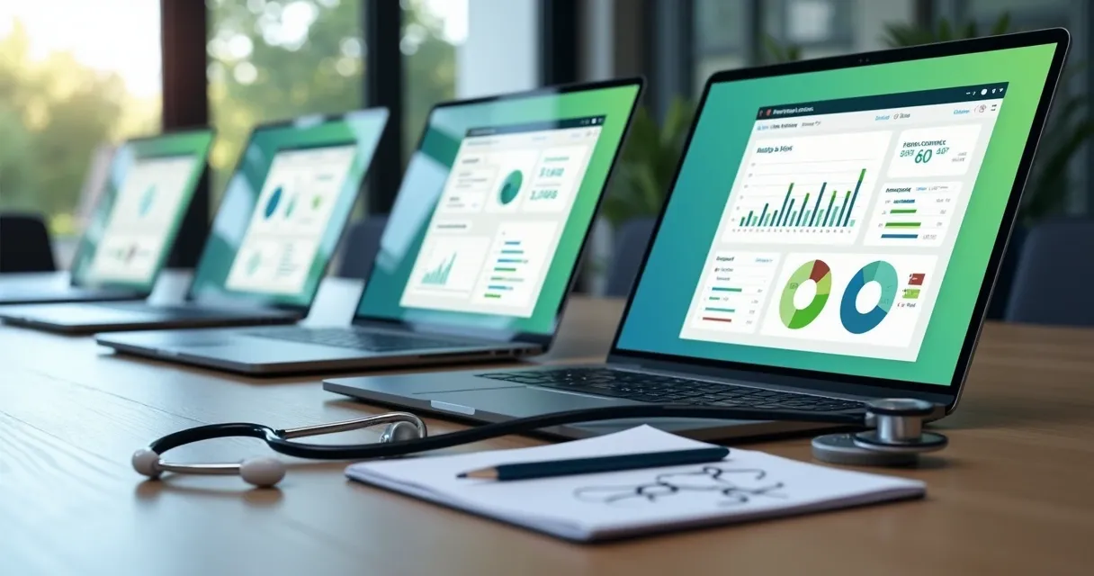 Dashboards de dados com métricas de vendas em saúde B2B em notebooks