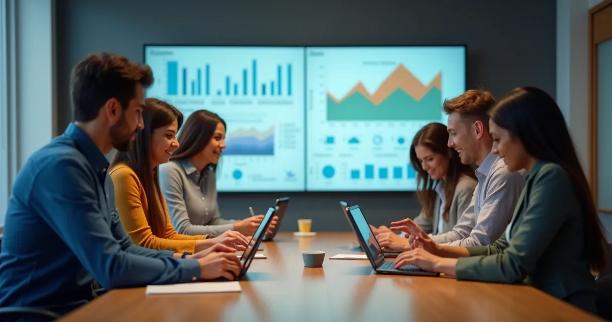 Equipe de marketing e vendas reunida em mesa com tablets e gráficos