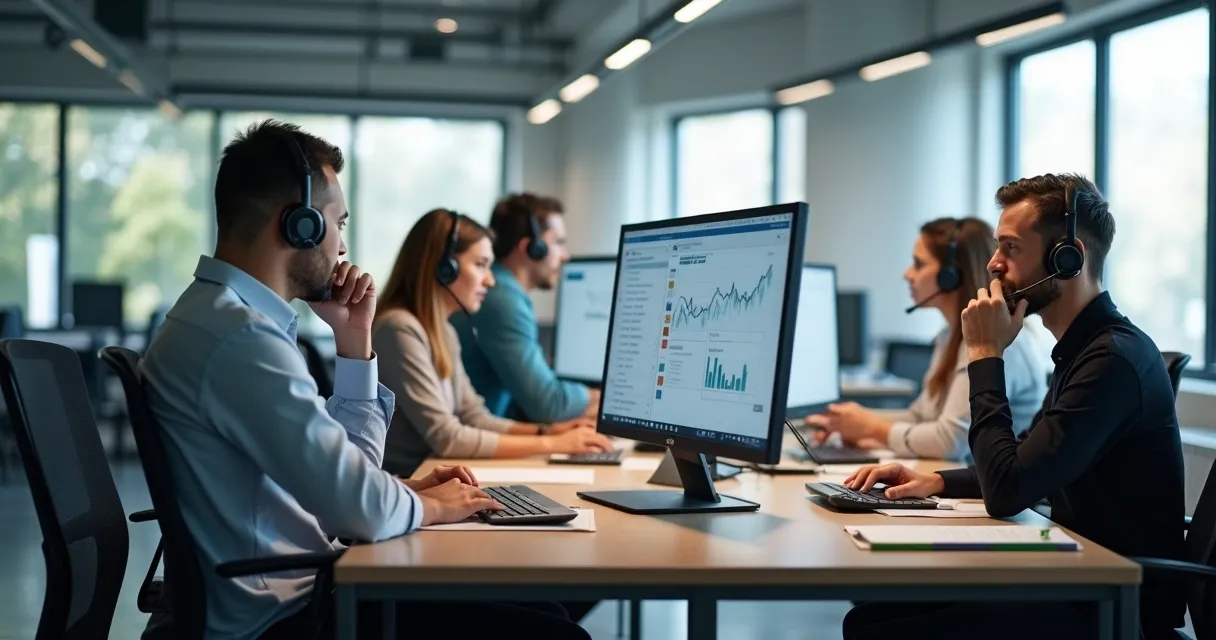 Equipe de vendas fazendo ligações telefônicas B2B em mesa de escritório