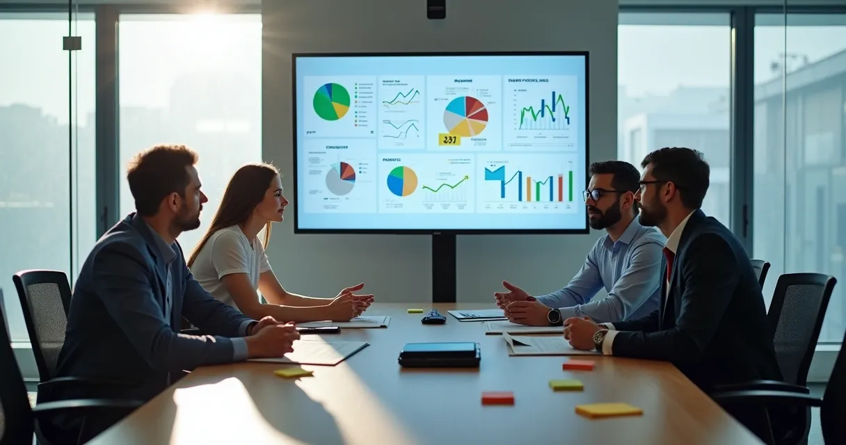 Executivos reunidos analisando dados em uma sala de reuniões moderna 