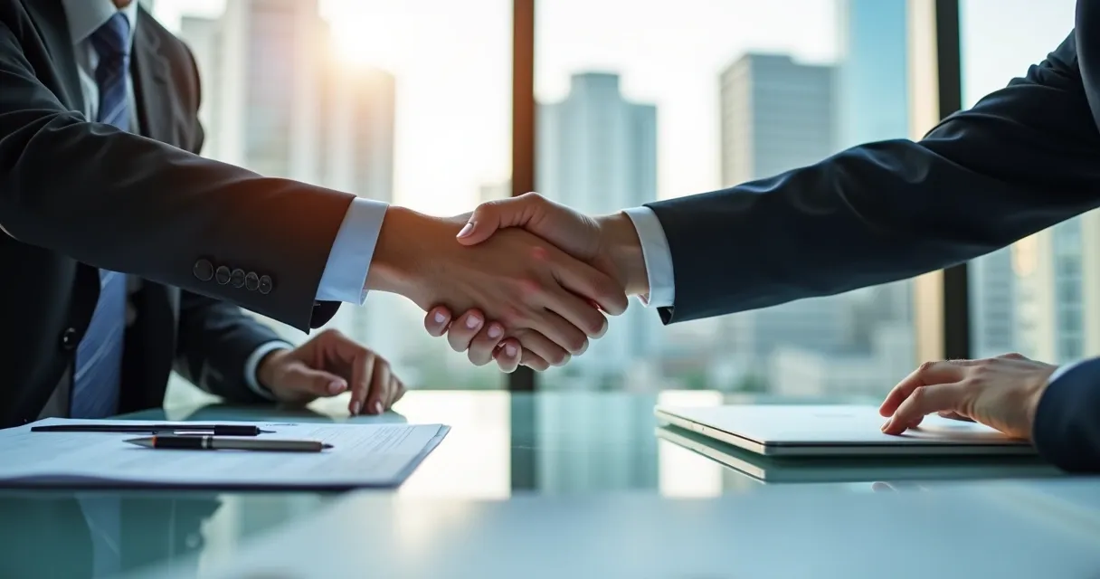 Aperto de mãos finalizando a negociação comercial B2B 