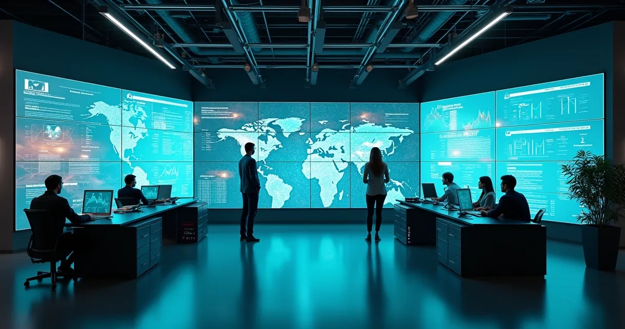 Ambiente de empresa moderna com telas e gráficos de dados em destaque