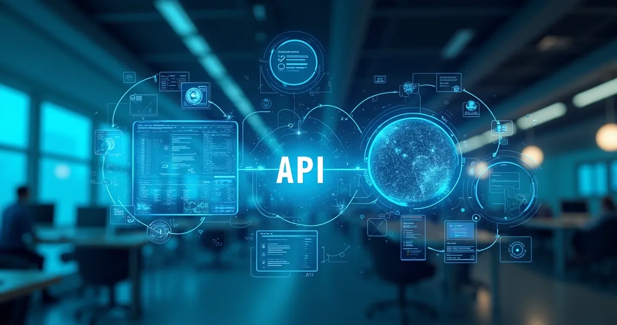 Ilustração de integração API entre plataforma de dados e CRM com fluxos digitais e telas conectadas