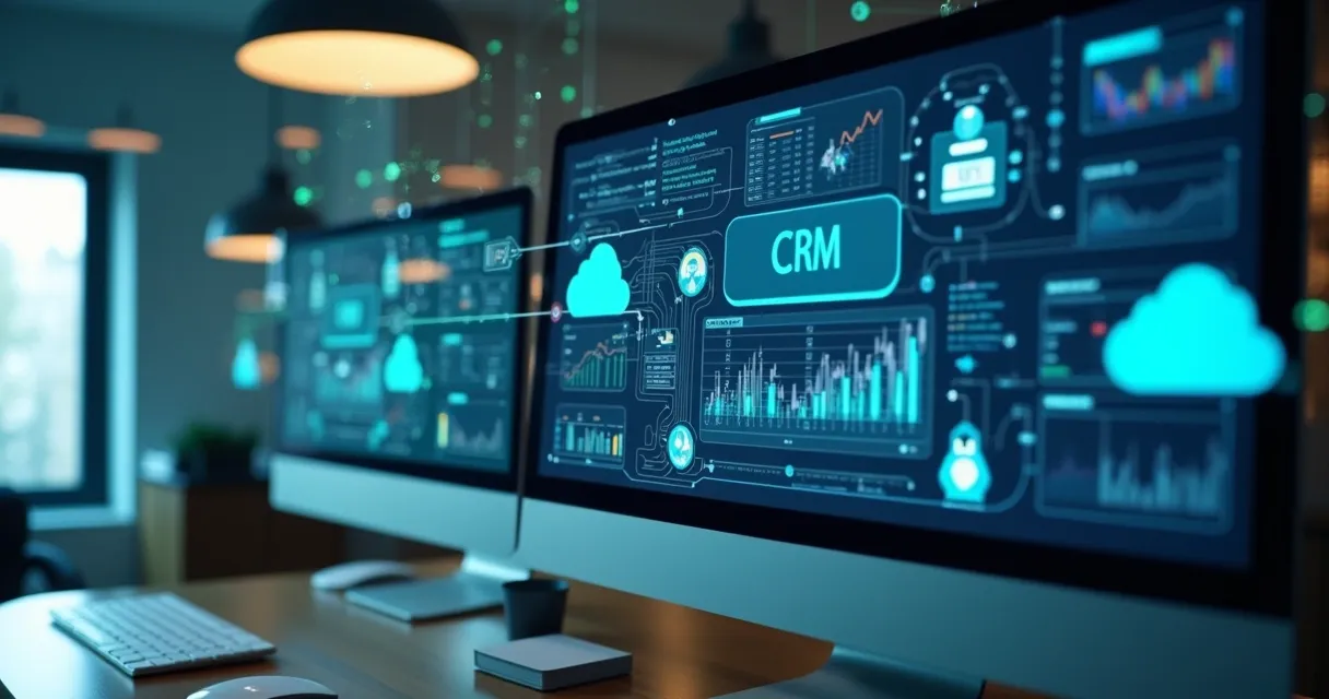 Interface digital mostrando painel e integração com CRM 