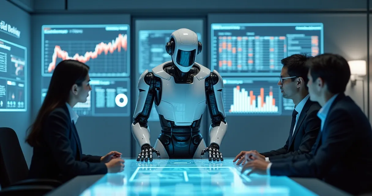 Sala de reuniões com robô e humanos analisando dados em computadores modernos.
