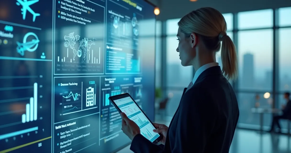 Analista observa gráficos digitais de economias em viagens corporativas