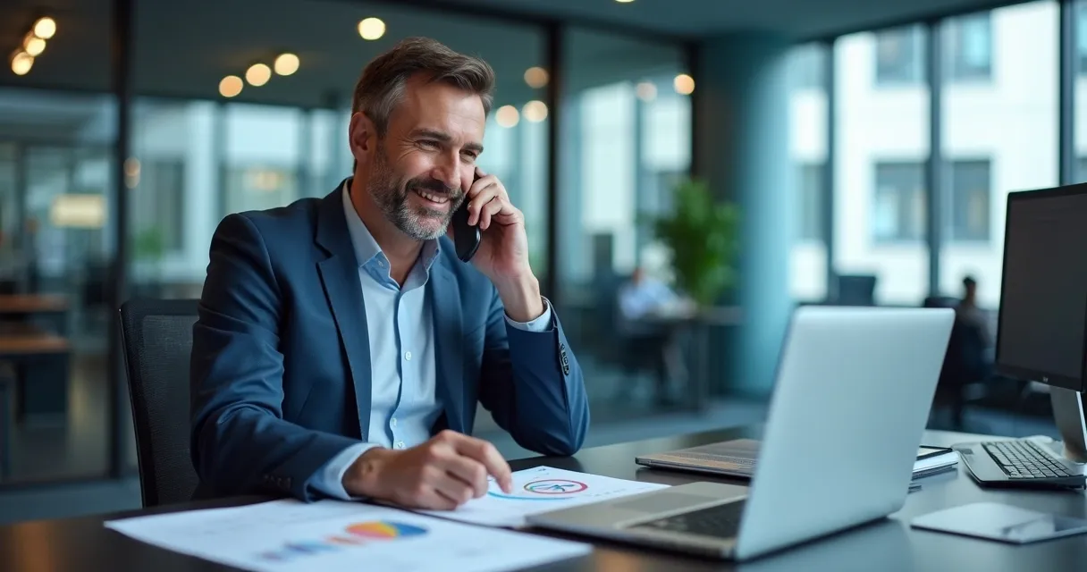 Executivo falando ao telefone com expressão de foco em um escritório moderno 