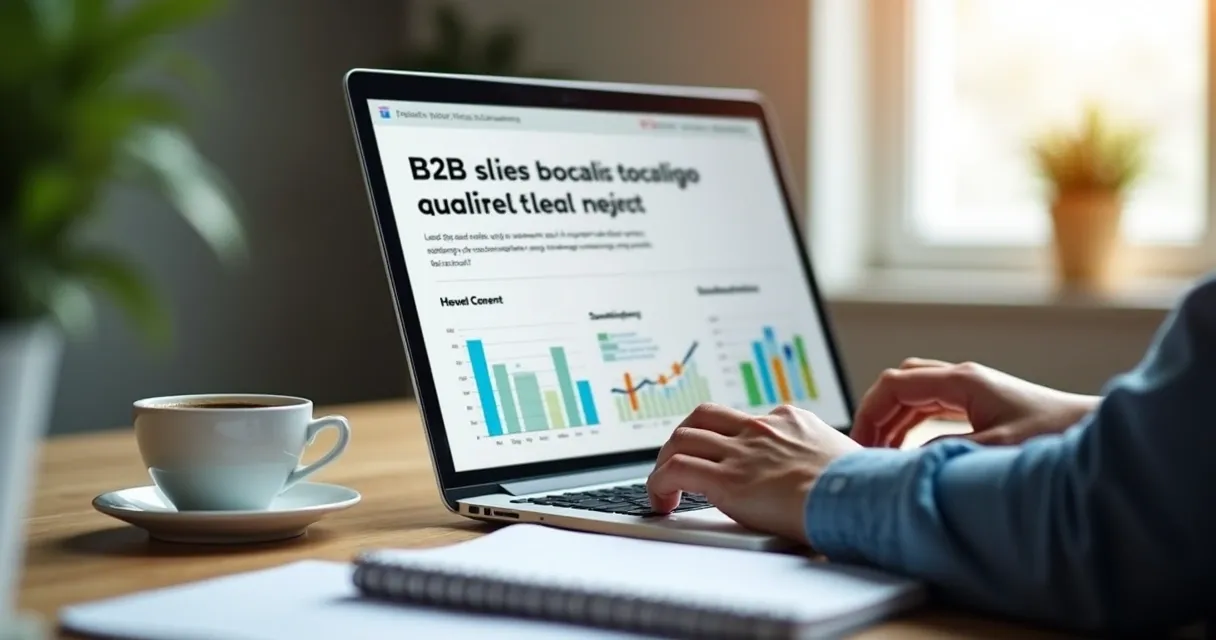 Profissional analisando gráficos de marketing de conteúdo B2B em tela de notebook 