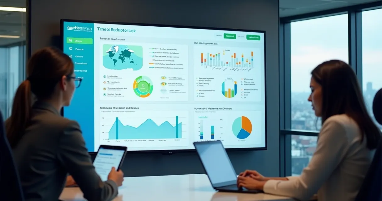 Painel digital mostra gerenciamento de viagens corporativas com notificações de ausência