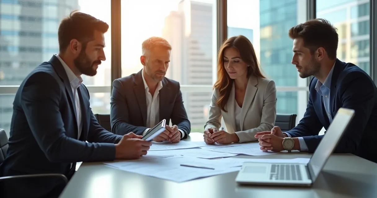 Representantes comerciais analisando e negociando proposta em mesa de reunião 