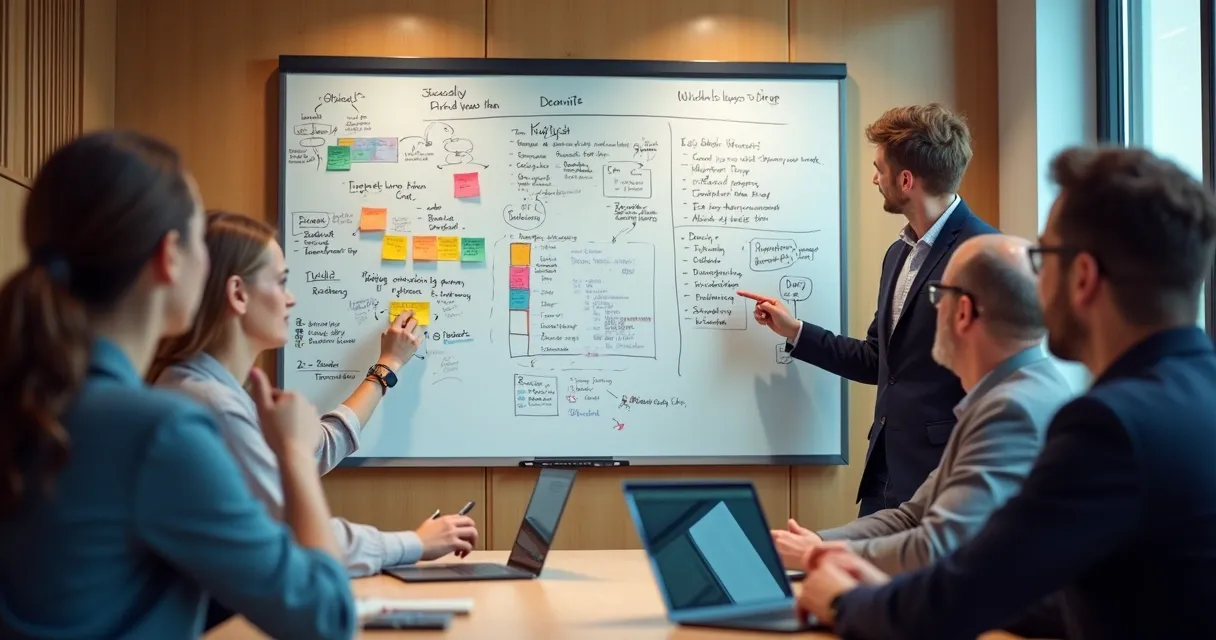 Quadro branco de planejamento comercial com dados, metas e funil desenhados