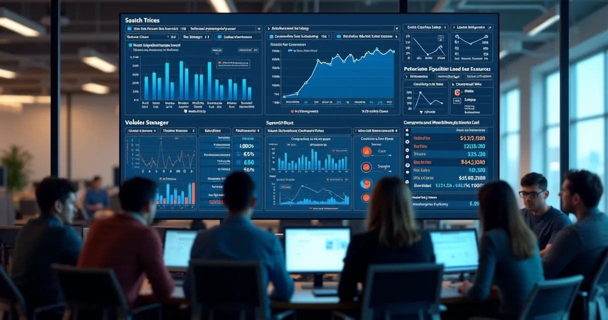 Painel digital com métricas de campanhas e geração de leads em destaque 