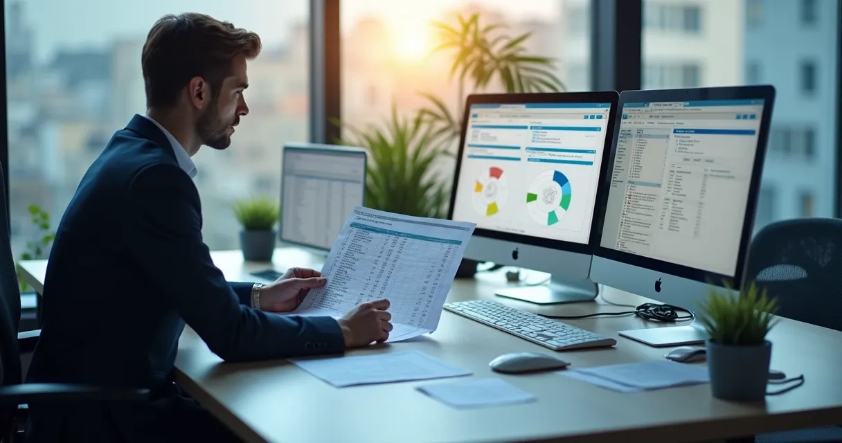 Pessoa analisando lista de números de telefone em ambiente empresarial 