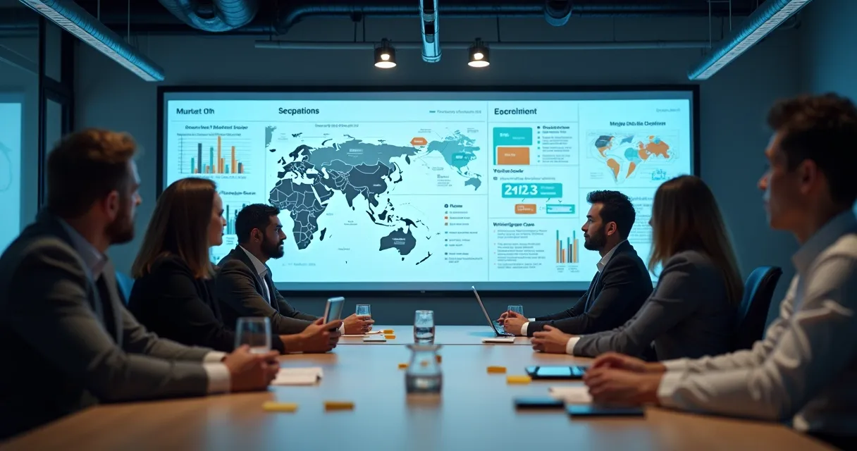 Equipes de vendas analisando mapas e gráficos do mercado B2B em tela grande 