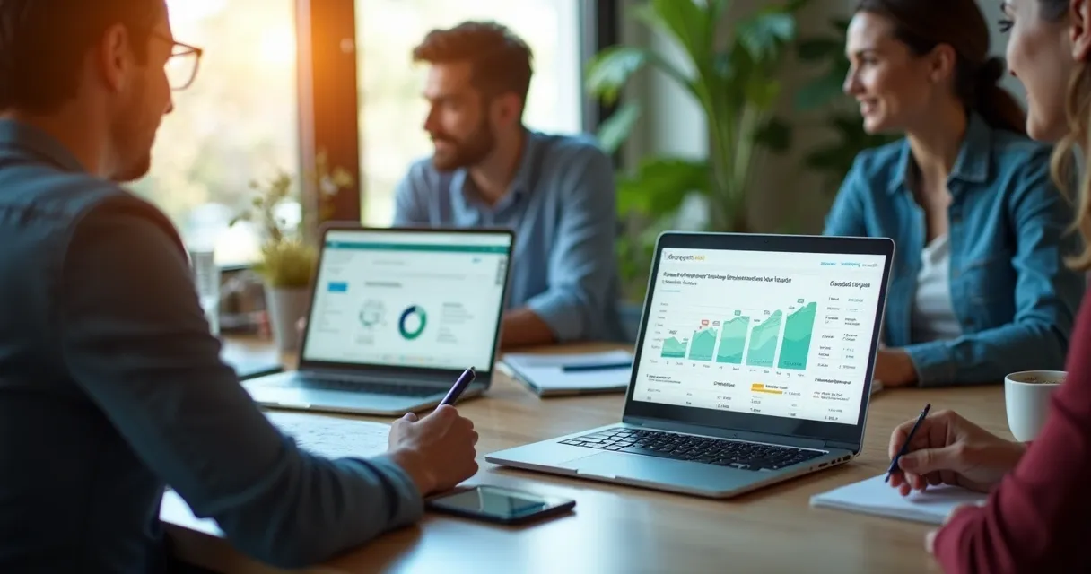 Profissionais de vendas trabalhando em notebooks, visualizando dados de prospecção B2B