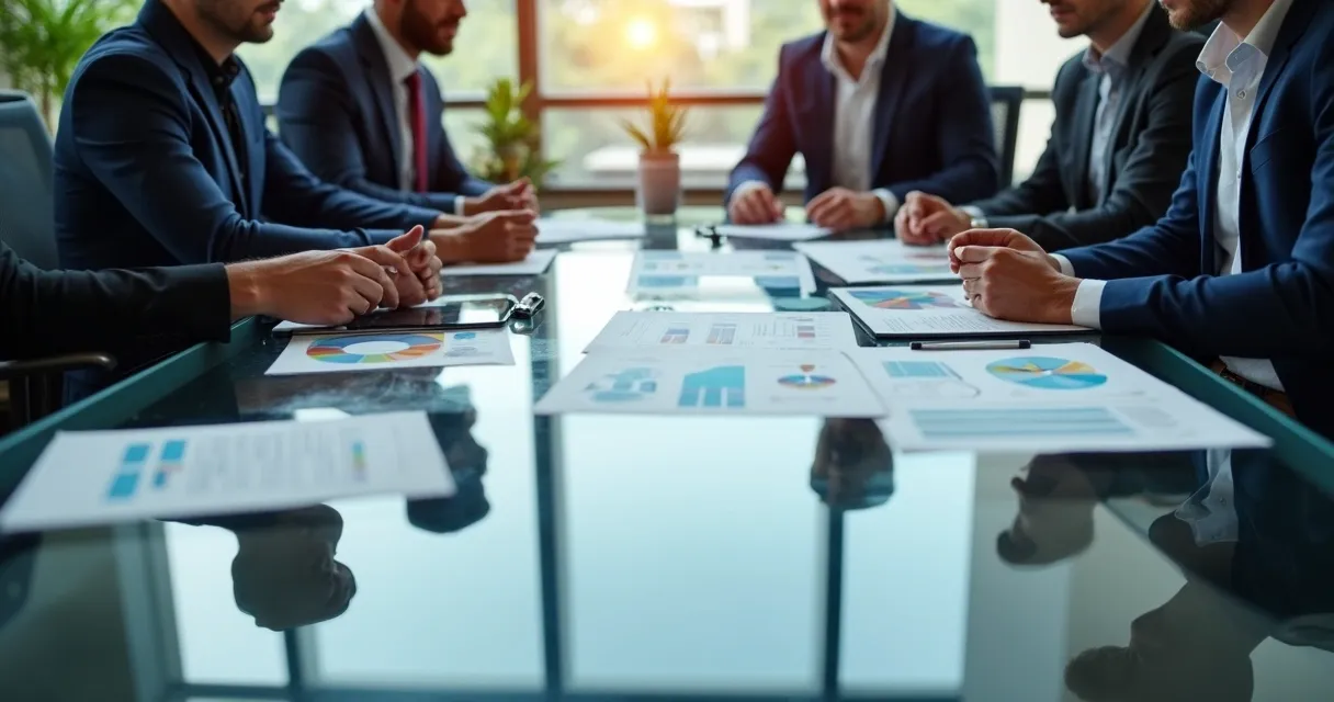 Reunião de equipe comercial discutindo estratégia com gráficos e anotações em ambiente moderno