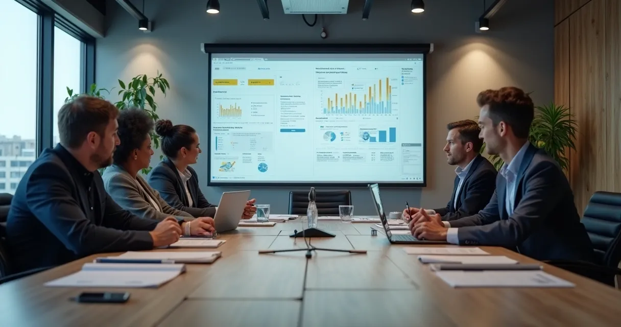Equipe de marketing B2B em reunião discutindo estratégias de audiência em uma sala ampla 