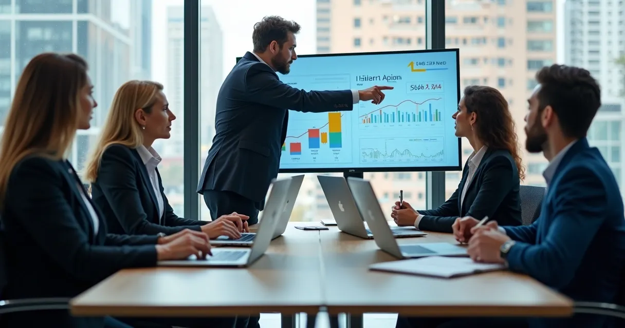 Equipe reunida analisando dados fiscais em computador